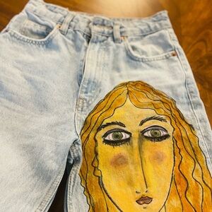 Zara Light Blue Denim with Frayed Hem with original painting